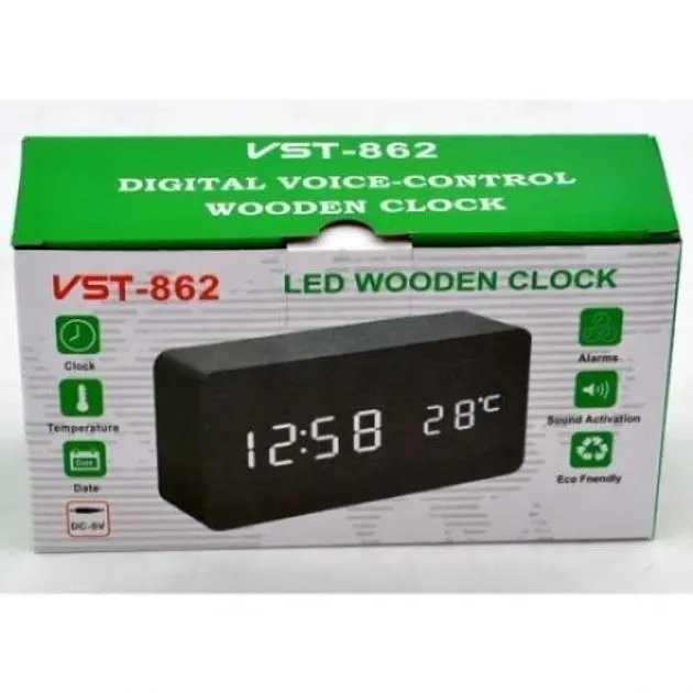 Світлодіодний годинник Wooden Clock VST-862 цифровий з червоним підсвічуванням чорний - фото 4