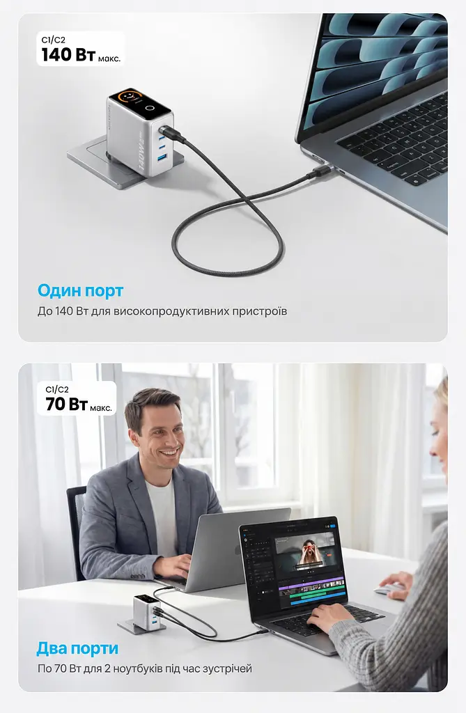 Мережевий GaN зарядний пристрій Vention Dash Pro загальною потужністю до 140 Вт 3 USB-C + 1 USB-A з TFT-дисплеєм сірий (TZ-FCOH0-EU) - фото 8