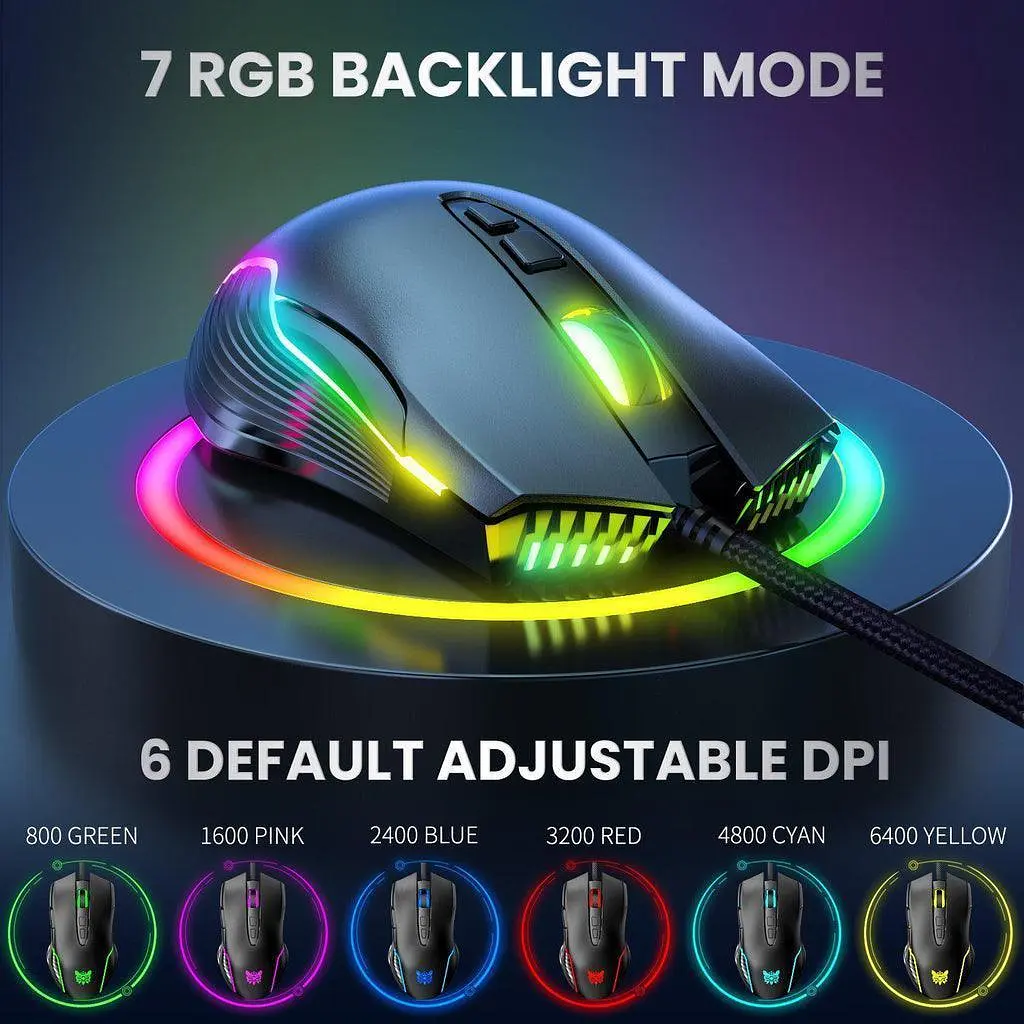 Компьютерная мышка Onikuma игровая CW-97 6400 DPI RGB подсветка 7 кнопок бесшумная проводная для ПК и ноутбука черный - фото 2