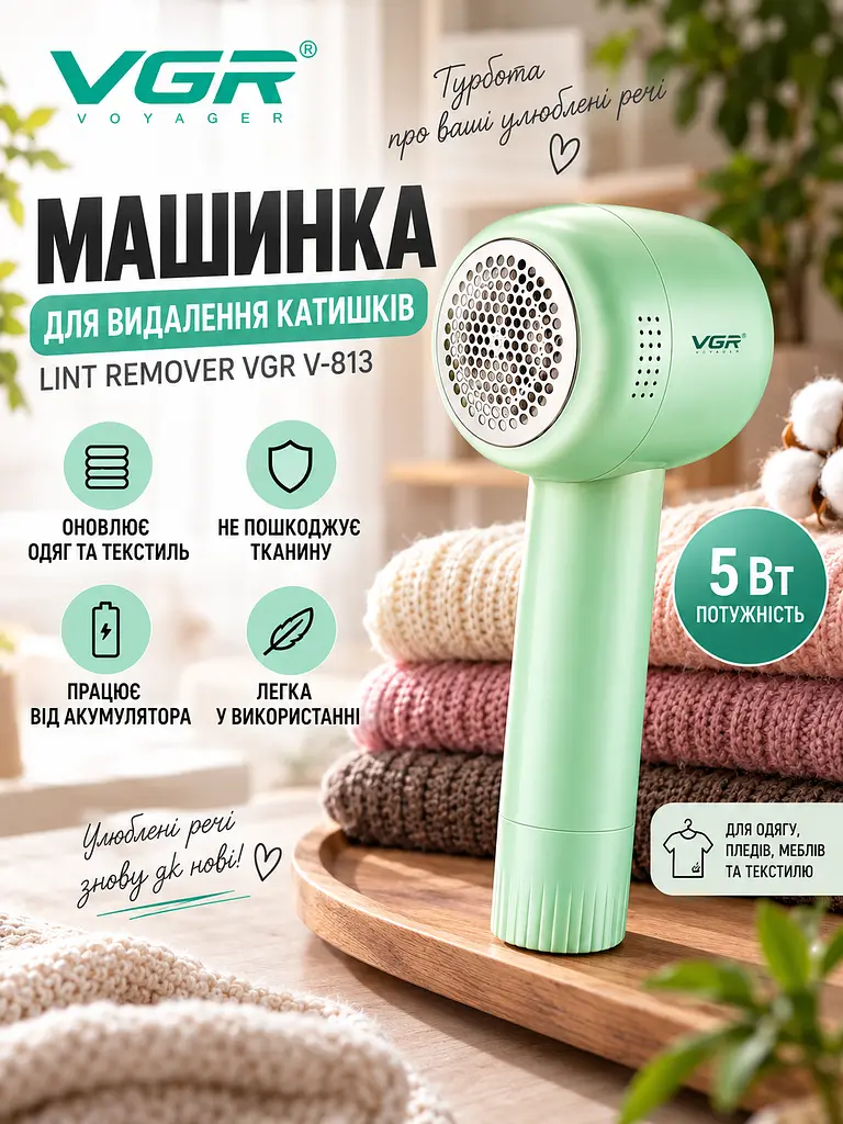Акумуляторна машинка для видалення катишків із 3 ножами 20 мм Lint Remover VGR V-813 прилад для зняття ковтунців з одягу з резервуаром 5500 об/хв Зелений - фото 3