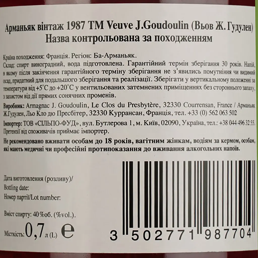 Арманьяк Veuve J. Goudoulin Bas Armagnac 1987 40% 0.7 л в подарочной коробке - фото 5