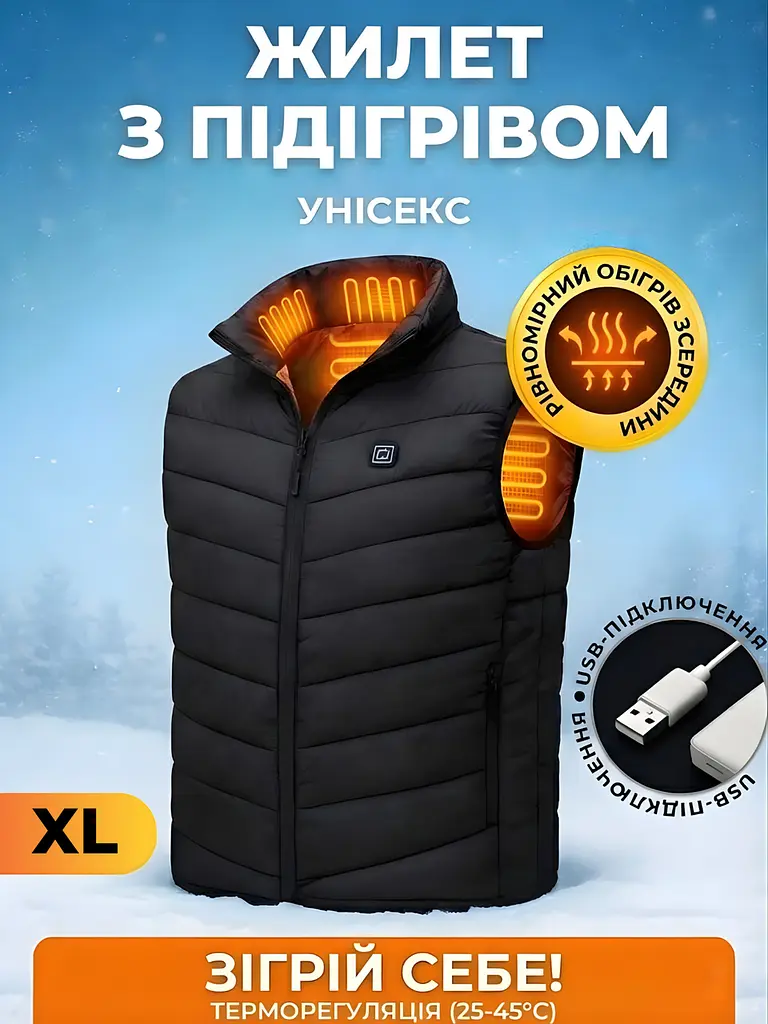 Термо жилет з активним підігрівом від Power Bank USB, з ефектом «теплого кокона», 3 температурних режими, розмір XL, Чорний - фото 2