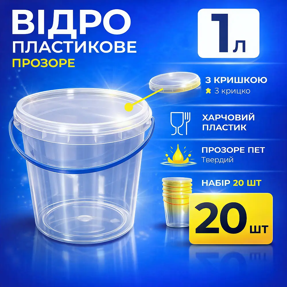 Відро харчове пластикове 1 л (з кришкою), прозоре 20 шт - фото 2