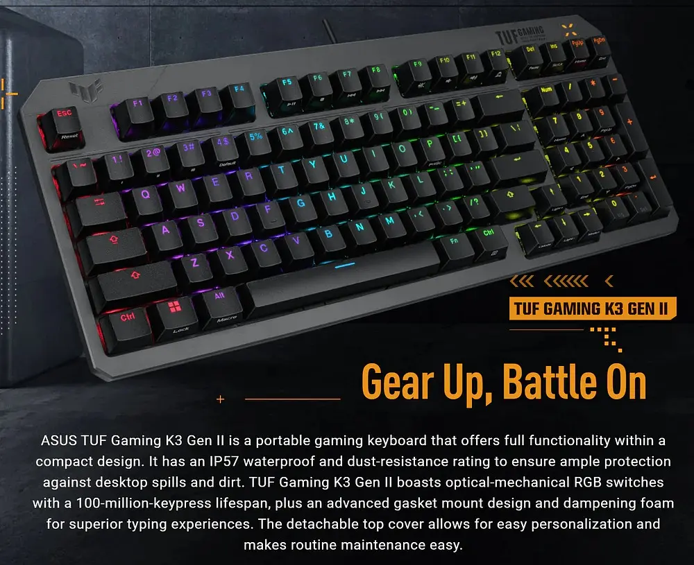 Клавiатура Asus TUF Gaming K3 Gen II Opti-Mech RGB 97key Switches ABS Black (90MP0390-BKMA00)_promo - фото 3