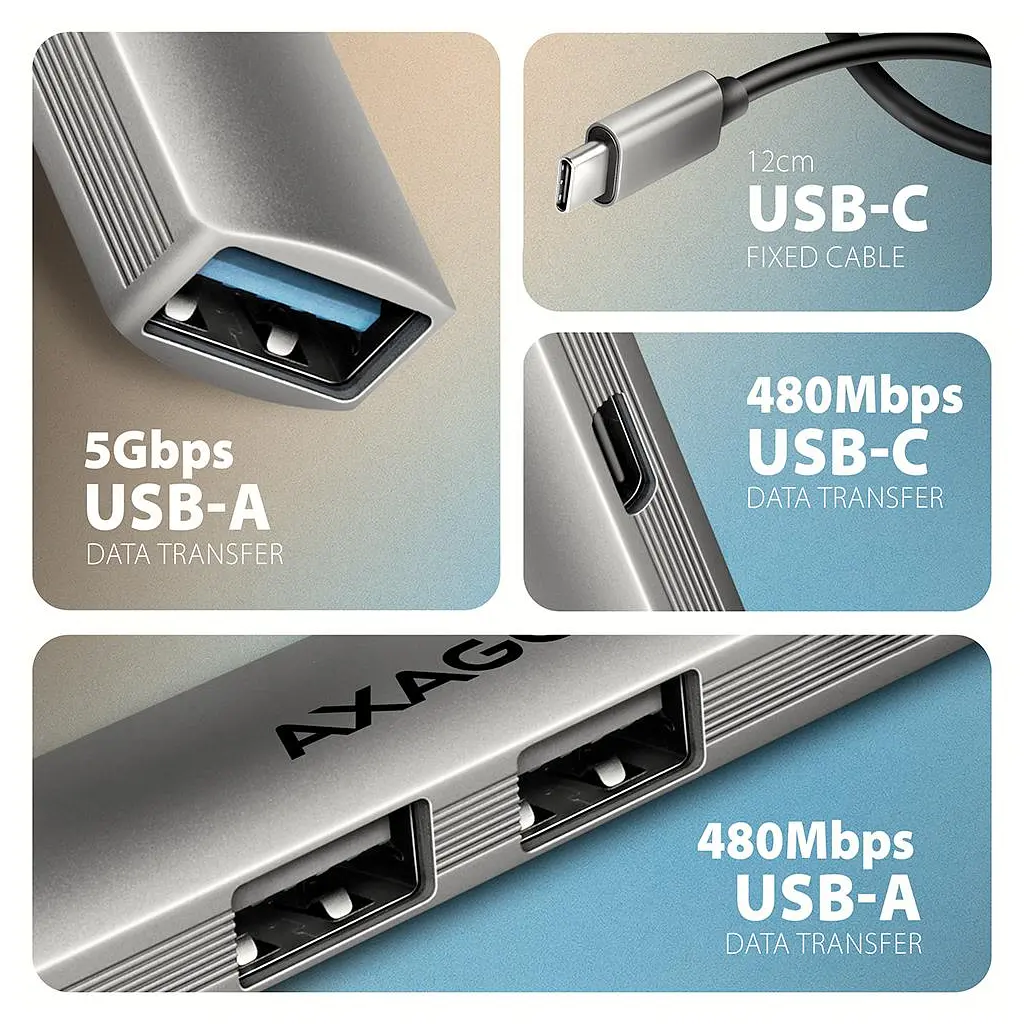 Концентратор AXAGON USB-C to 1xUSB-A 5Gbps + 2xUSB-A 480Mbps + 1xUSB-C 480Mbps 0.12m aluminum (HUE-STC) - фото 4