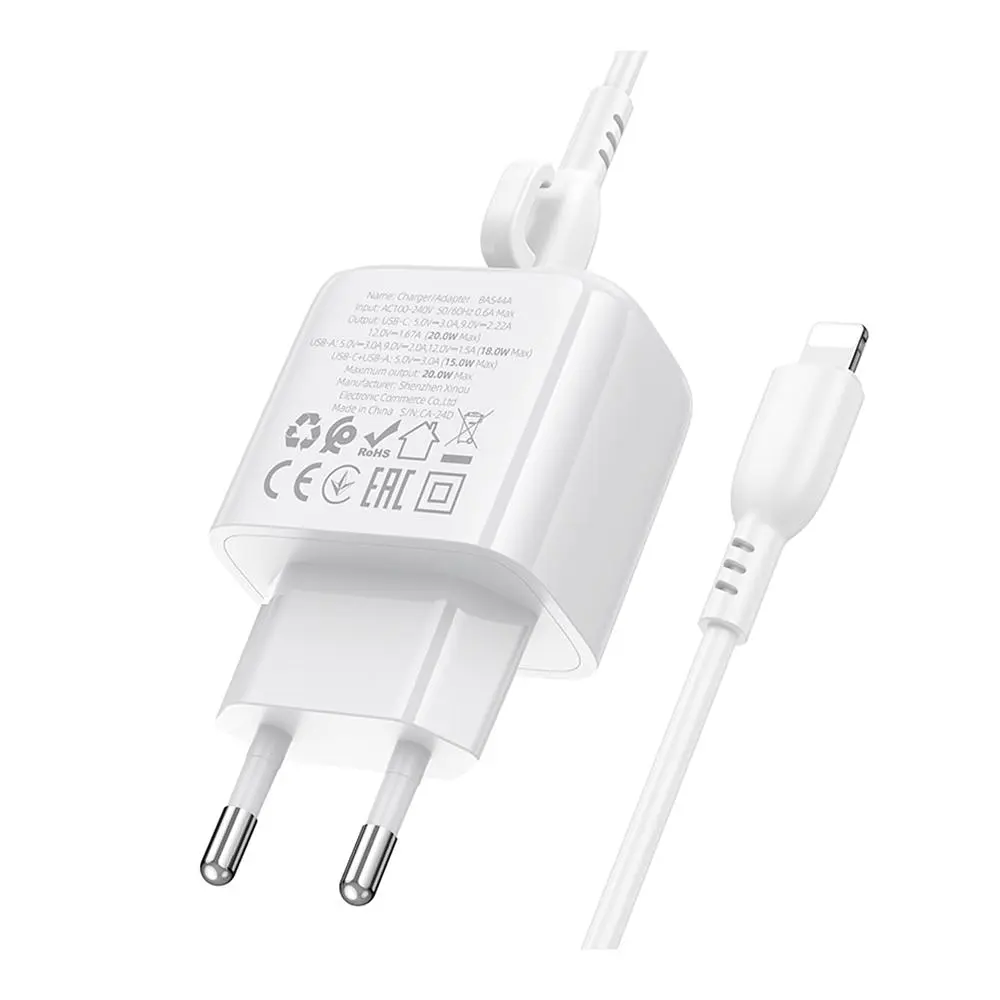 Зарядний комплект Borofone BAS44A 1Type-C /1USB PD/QC 20W 5V/3A Type-C to Lightning 1 м White (35138_3345029) - фото 7