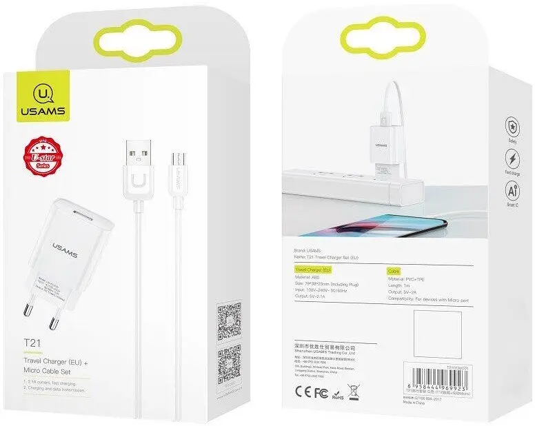 Сітчасте зарядне пристрій Usams T21 KiT T18 single USB-A 2.1A with U Turn MicroUSB cable Білий - фото 2