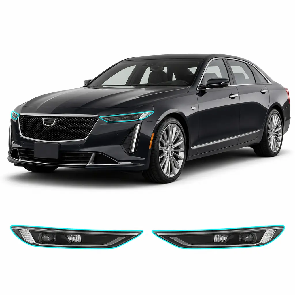Антигравійна захисна бронеплівка за лекалами для Cadillac CT6 I facelift 2019-2020 - оптика (фари та ПТФ)