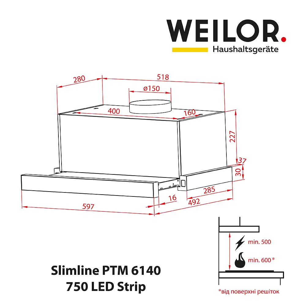 Витяжка телескопічна WEILOR Slimline PTM 6140 SS 750 LED Strip - фото 11