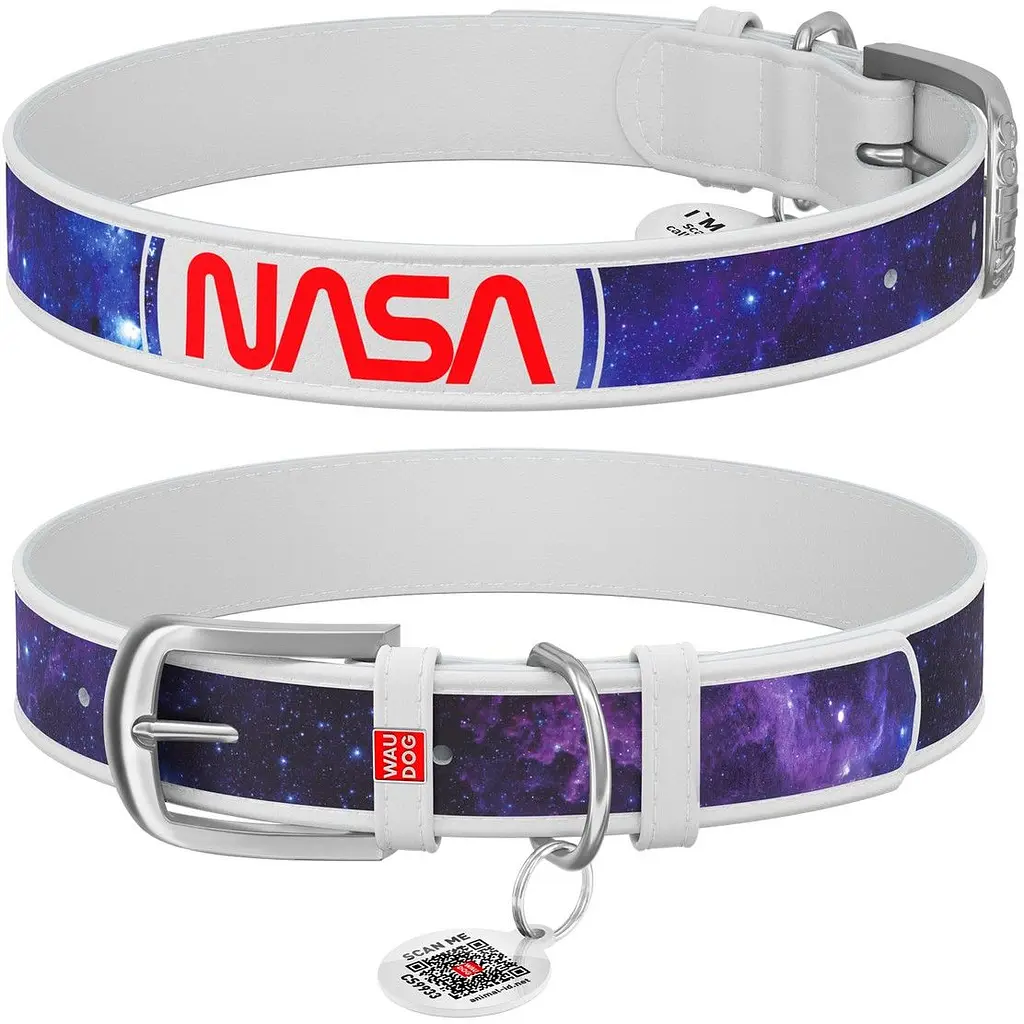 Нашийник для собак Waudog Design NASA21, шкіряний, з QR паспортом, XS, 21-29х1,2 см, білий - фото 4