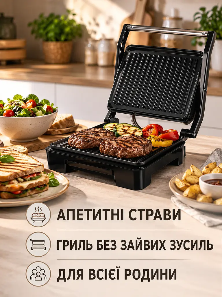 Притискний електрогриль 850 W з антипригарними пластинами та LED-індикатором чорний (49676055) - фото 2