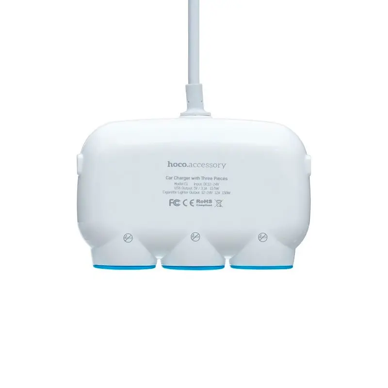 Автомобільний зарядний пристрій із розгалужувачем прикурювача Hoco C1 + 2 USB White - фото 8