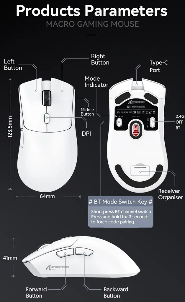 Мышь Attack Shark R1 Wireless Gaming Mouse (R1-3311B) черная - фото 3
