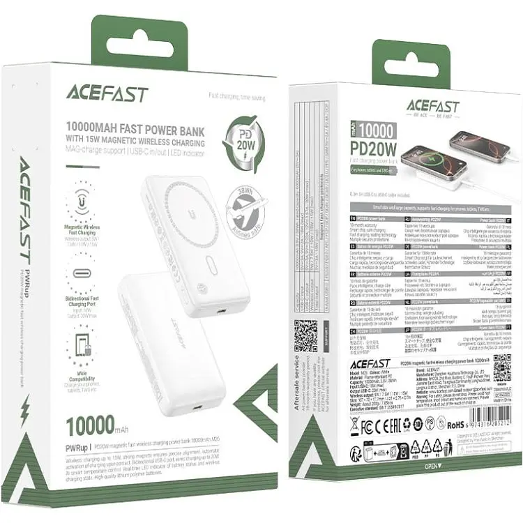Універсальна мобільна батарея Acefast Magnetic Wireless 10000mAh 20W PD,QC 3.0 QI 15W ультра тонкий M26 White (6974316285212) - фото 3
