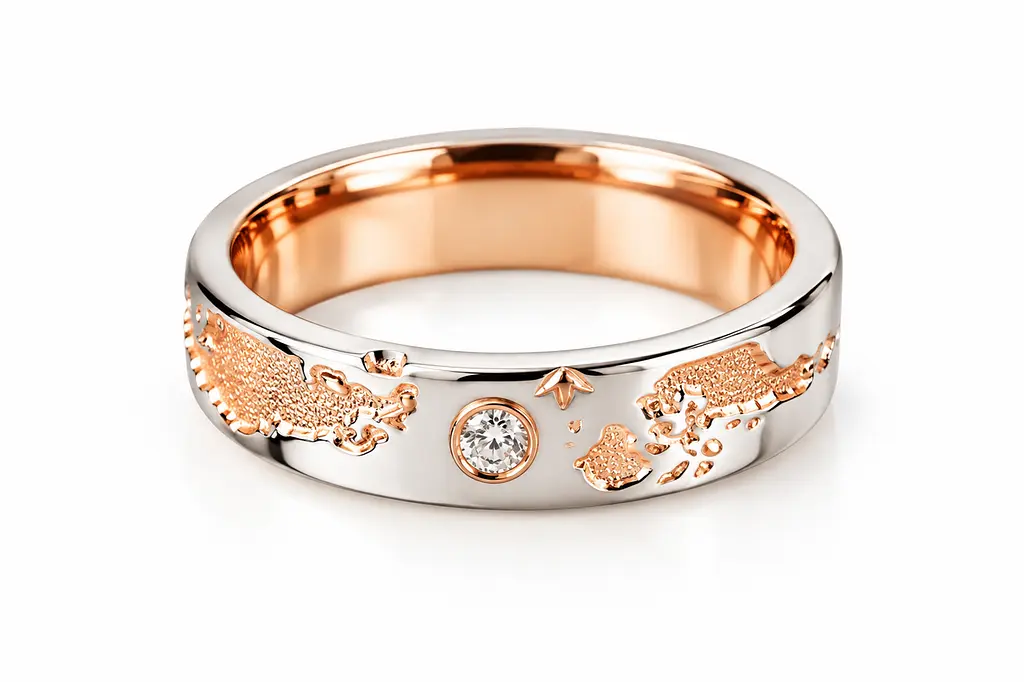 Жіноча обручка Jewellery Continent "Карта світу" з червоного та білого золота з діамантом 14.5 (К-0861)