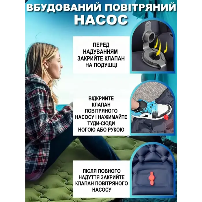 Надувний туристичний матрац 188х58х6 см, Outdoor Sleeping / Похідний каремат із подушкою - фото 3