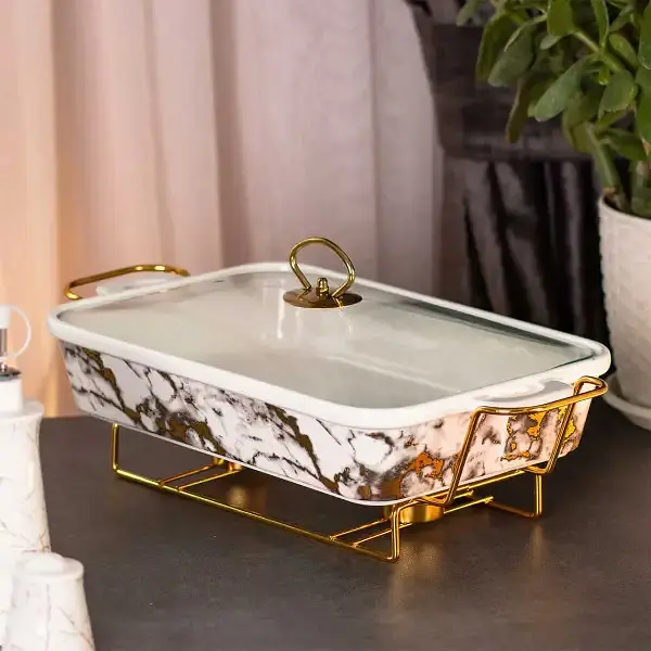 Настольная мармитница 1.5 литра мармит прямоугольный керамический 35х19х11.5 см на подставке Мрамор Yiwu HP1032 - фото 6