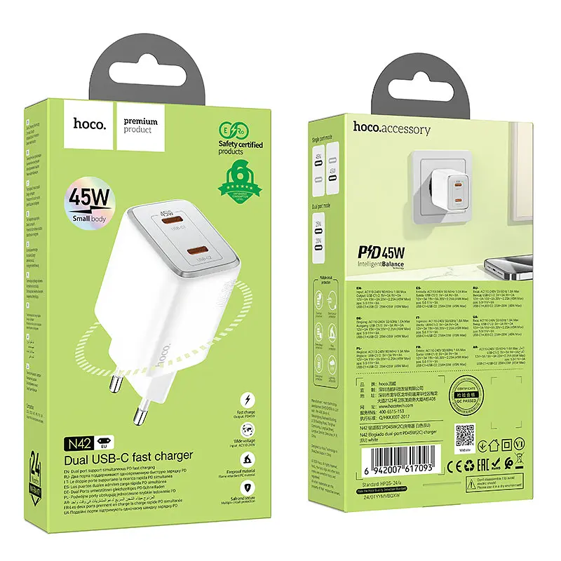 Мережевий зарядний пристрій Hoco N42 Elogiado dual-port PD45W(2C) charger(EU) Білий - фото 2