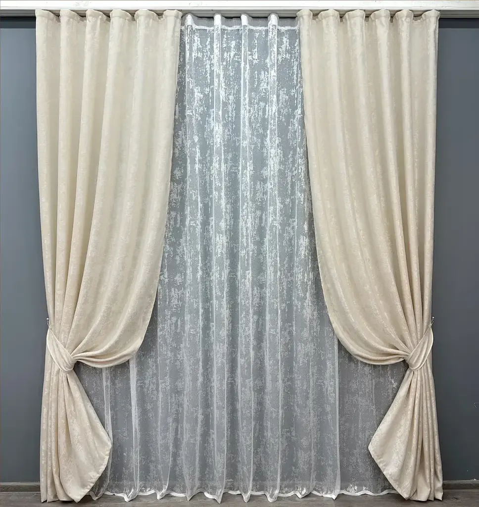 Комплект штор с тюлем VR-Textil Жаккард Мрамор, молочный с белым, 2 шторы 200×270 см + тюль 500×270 см, арт. 71-021/6