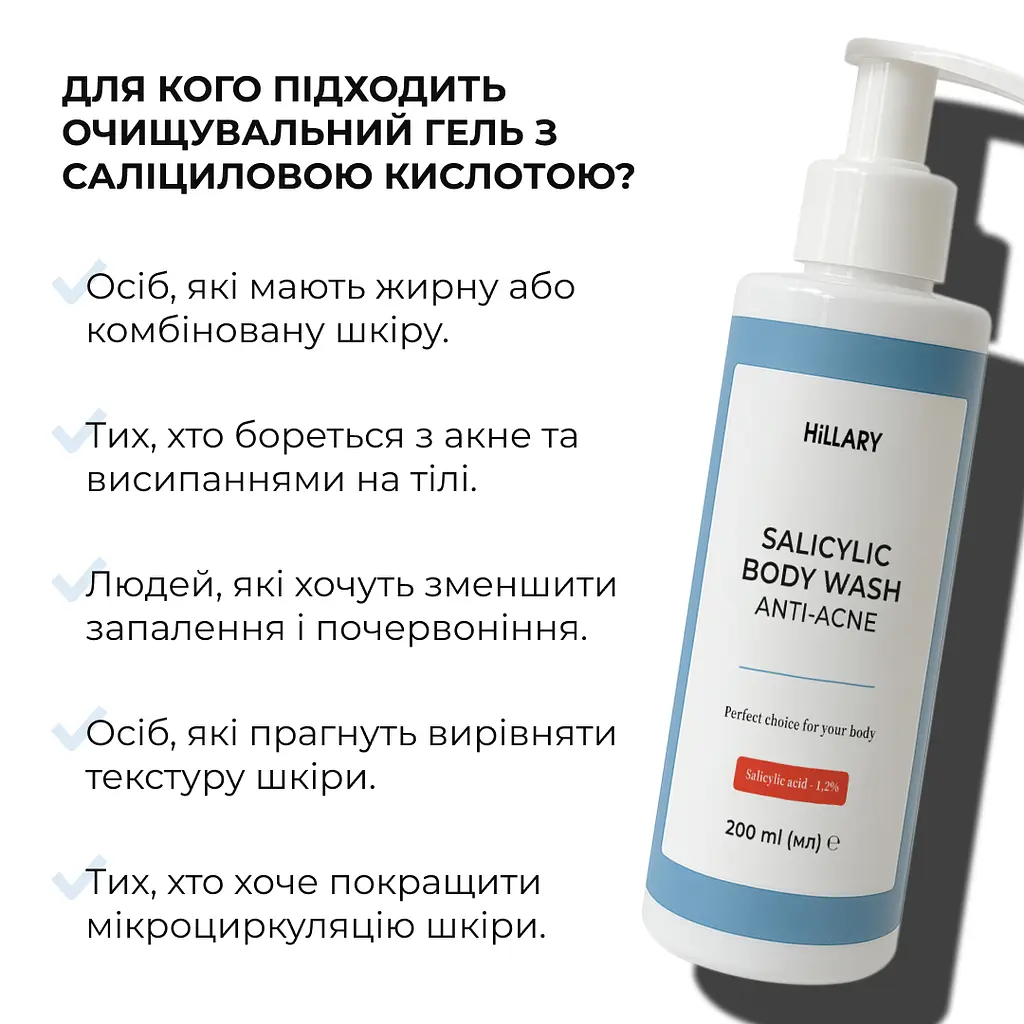 Очищувальний гель для тіла з саліциловою кислотою Anti-Acne Salicylic Body Wash Hillary 200 мл - фото 3