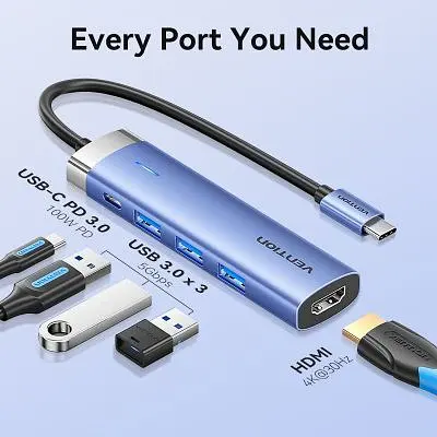 Концентратор Vention USB 3.1 Type-C to HDMI/USB 3.0x3/PD 100W Blue Aluminum Alloy Hub 5-in-1 (TGESB) - фото 4