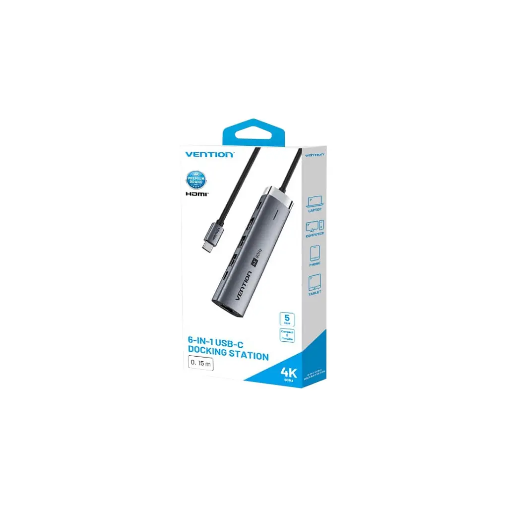 Концентратор VENTION USB-C 6-in-1 HDMI + 2xUSB 3.0 + RJ45 + PD 100W (TGNHB) - фото 3