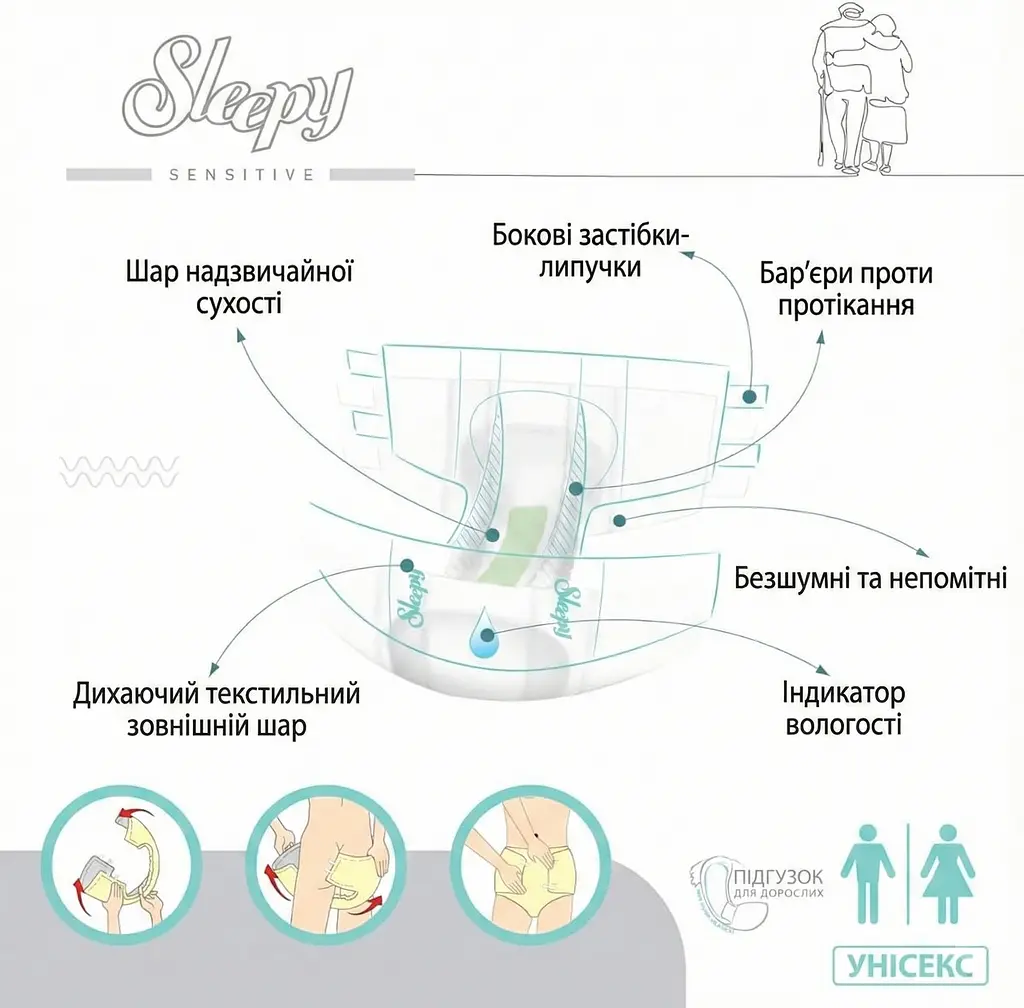Підгузки для дорослих Sleepy Sensitive Adult XL (120-160 см) для лежачих хворих і літніх людей 30 шт. - фото 2