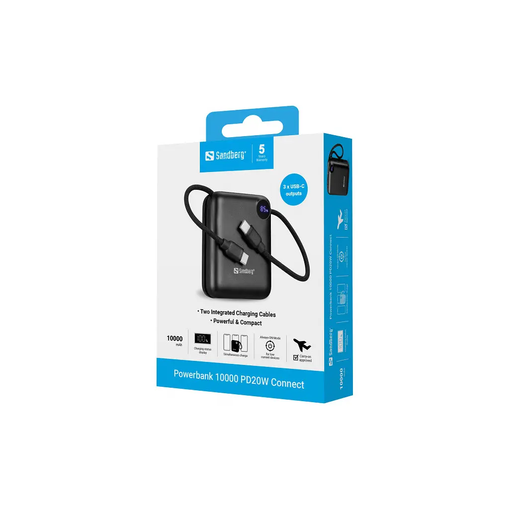 Батарея універсальна Sandberg 10000mAh PD/3.1/20W, QC/3.0, USB-C In/Out, with 2 cables USB-C (421-26) - фото 6