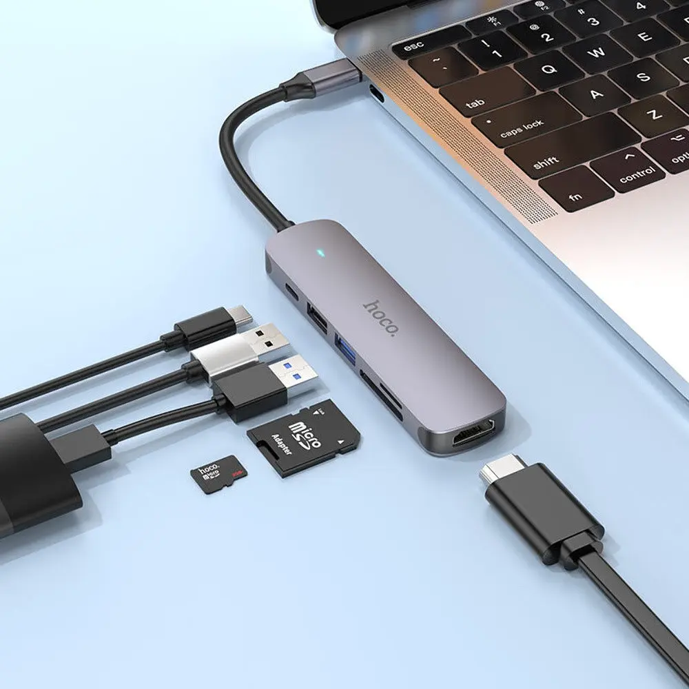 Мульти адаптер хаб Hoco HB28 6в1 Type-C to USB 3.0 F / USB 2.0 F / HDMI F / Type-C F / SD / TF PD 100W 0.135 м сірий - фото 4