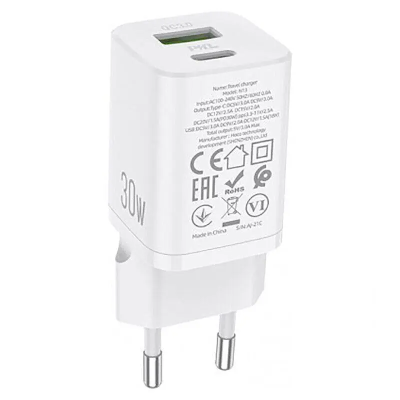 Сетевое зарядное устройство 1USB + Type-C Hoco N13 Bright PD30W+QC3.0 2A White - фото 3