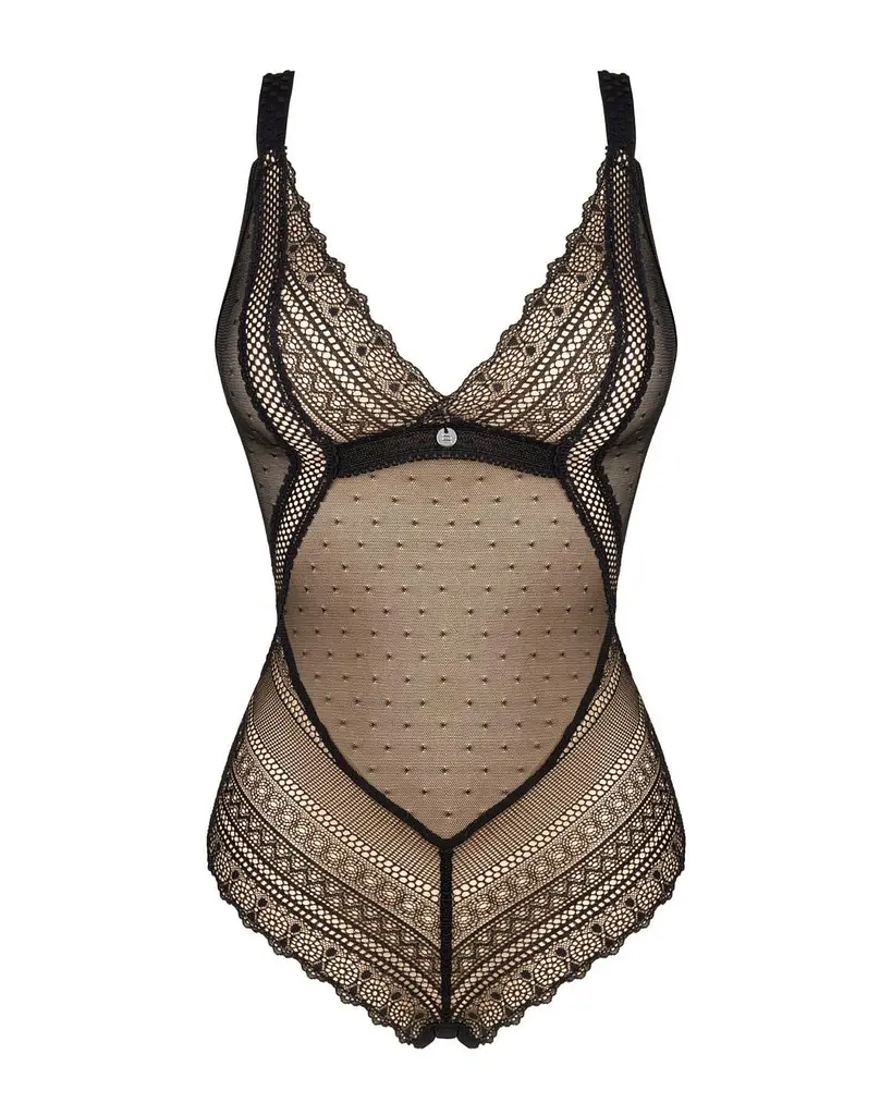 Кружевное боди с декольте Obsessive Estiqua teddy черное широкие лямки M/L - фото 5