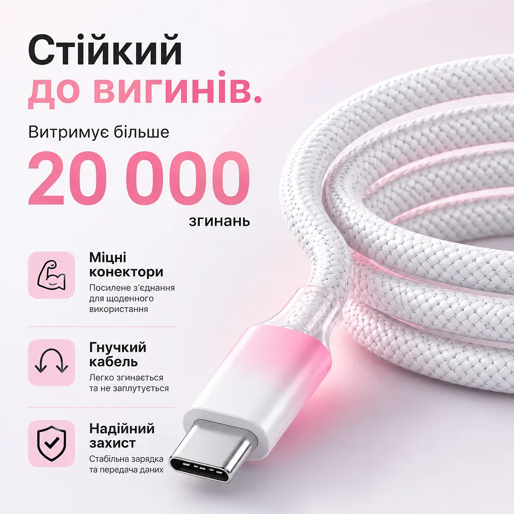 Кабель XON SmartCable Type-C - Type-C PD 65W 1м MaxCharge (SC802C6W1W 4831) Рожевий/Білий - фото 6
