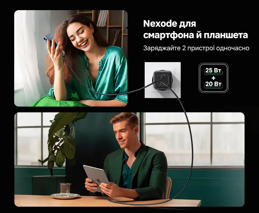 Мережевий зарядний пристрій UGREEN Nexode CD294 адаптер живлення 2 порти USB-C до 45 Вт сірий (90573) - фото 2