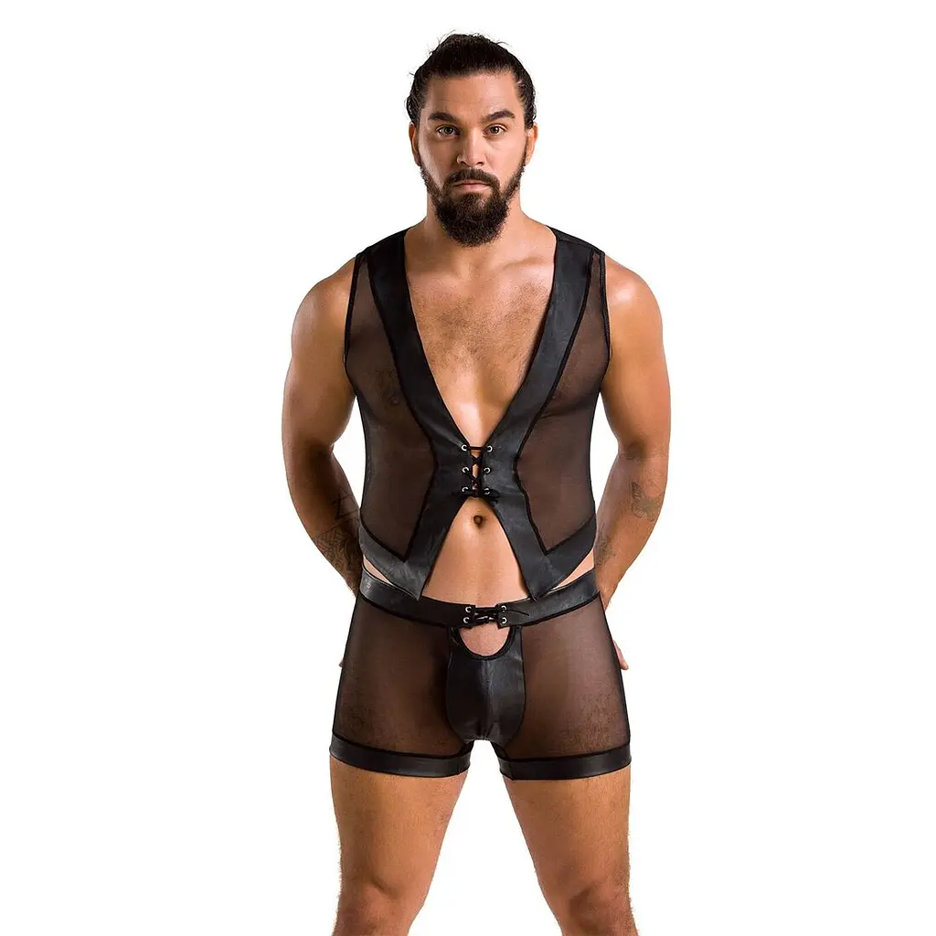 Комплект чоловічої білизни на шнурівці Passion 053 SET WILLIAM S/M Black, жилет, боксери - фото 3
