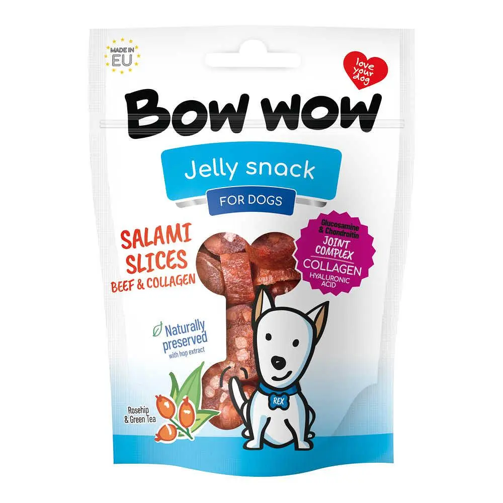 Ласощі для собак Bow wow слайси салямі з яловичини та колагену, 80 г