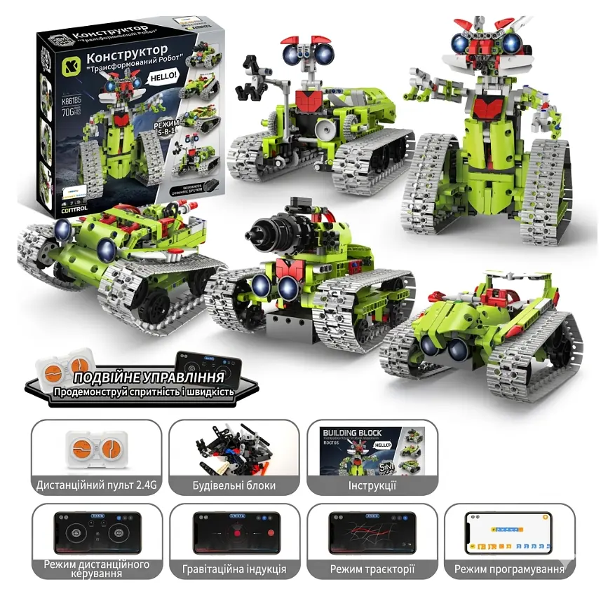 Конструктор робот программируемый STEM-робот 5 в 1 Robots Variable Warrior с пультом и приложением робот-трансформер для детей на радиоуправлении, 705 деталей - фото 2