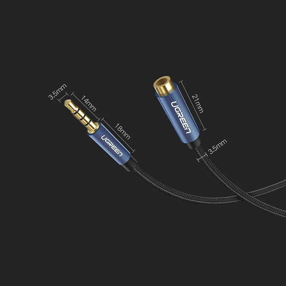 AUX 3.5mm подовжувач Ugreen AV118 аудіо кабель, 4-pin, 1.5м Чорний з синім - фото 8