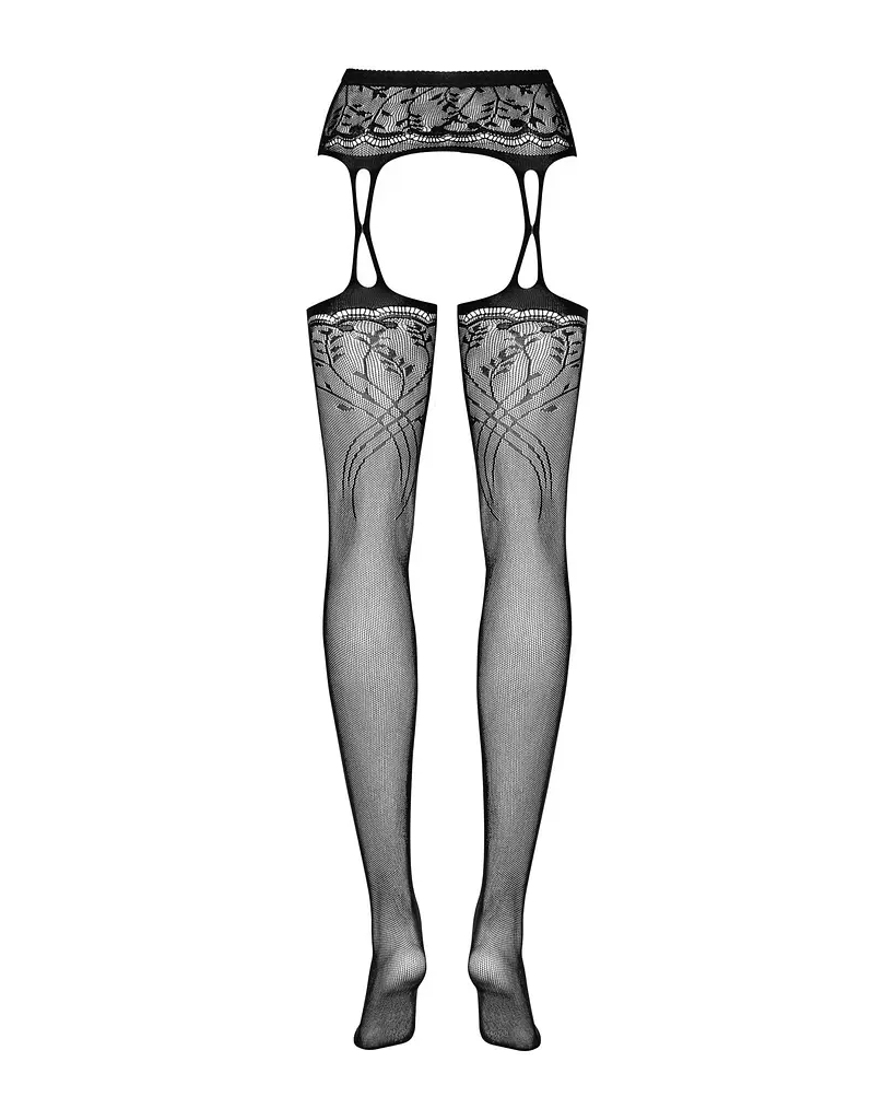 Панчохи-стокінги з рослинним малюнком Obsessive Garter stockings S206 black S/M/L чорні, імітація га - фото 6