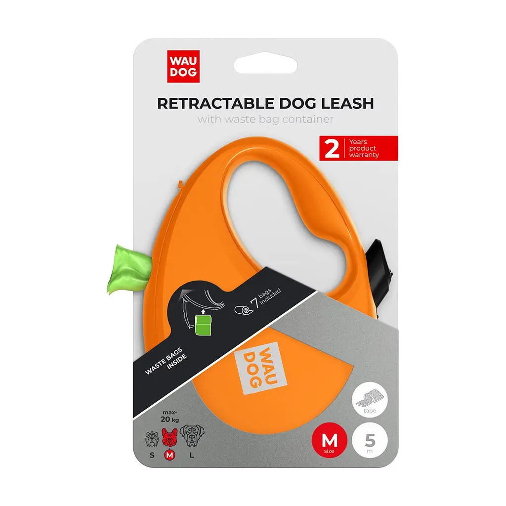 Повідець для собак WAUDOG R-leash з контейнером для пакетів M до 20 кг 5 м помаранчевий (26284) - фото 5