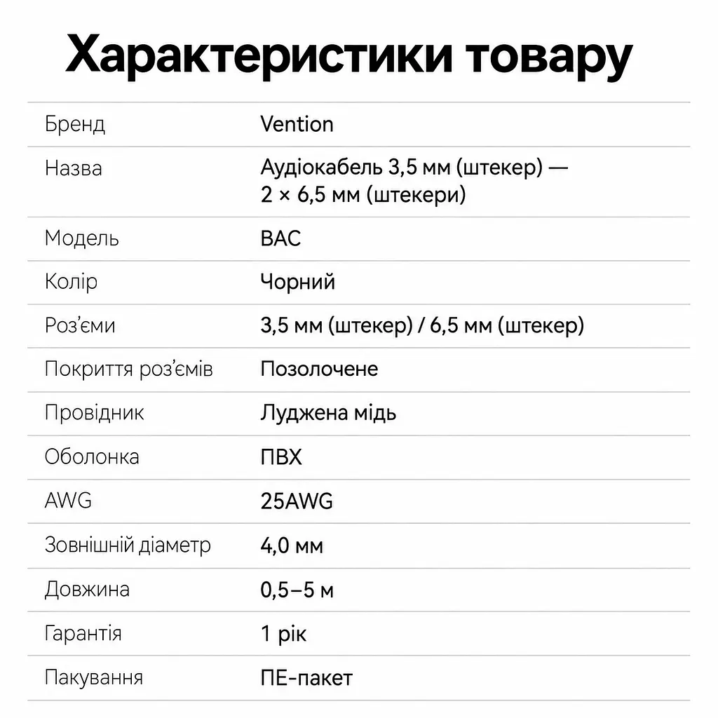 Аудіокабель-розгалужувач Vention 3 м мініджек на джек штекер 3,5 мм TRS на два штекери 6,35 мм TS поділ стерео на лівий і правий канали небалансне з’єднання екранування фольгою та металевим обплетенням позолочені штекери чорний (BACBI) - фото 6