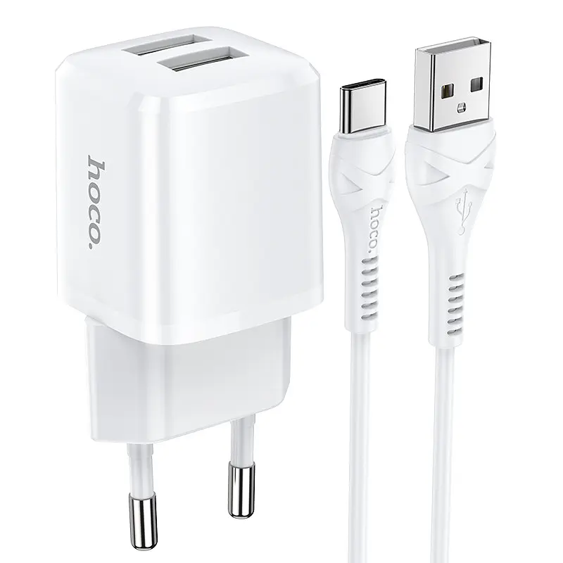 Комплект Адаптер мережевий HOCO Type-C Cable Briar dual port charger set N8 2USB білий - фото 3