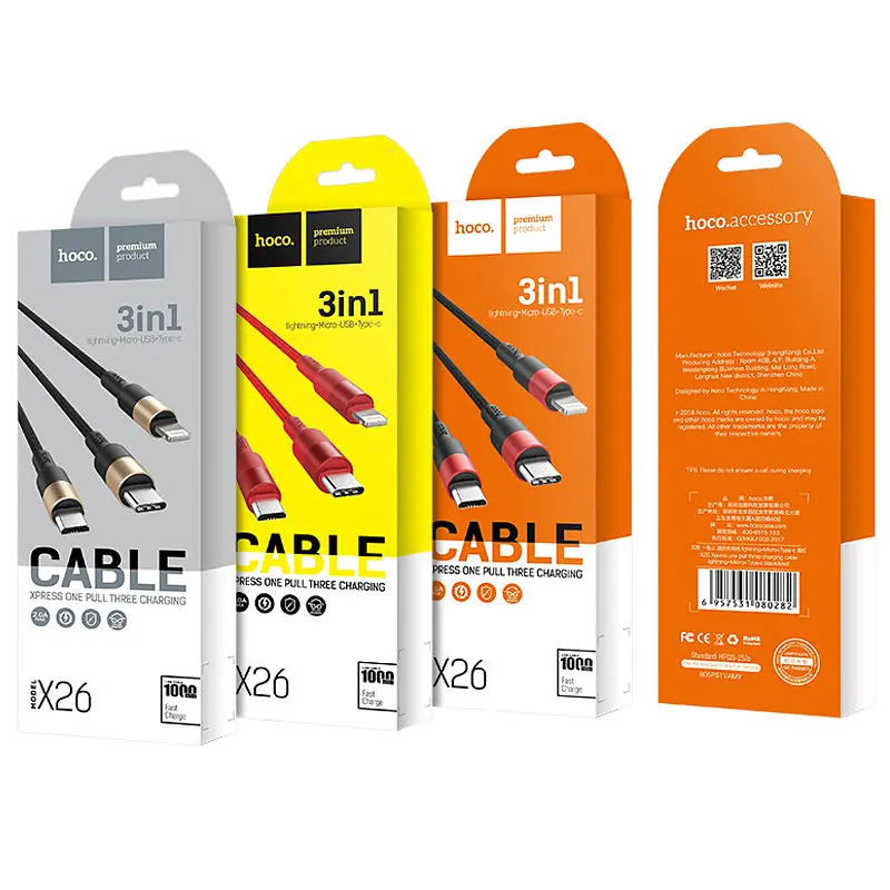 Дата кабель Hoco X26 Xpress 3in1 Lightning -MicroUSB-Type-C (1m) Чорний / Золотий - фото 5