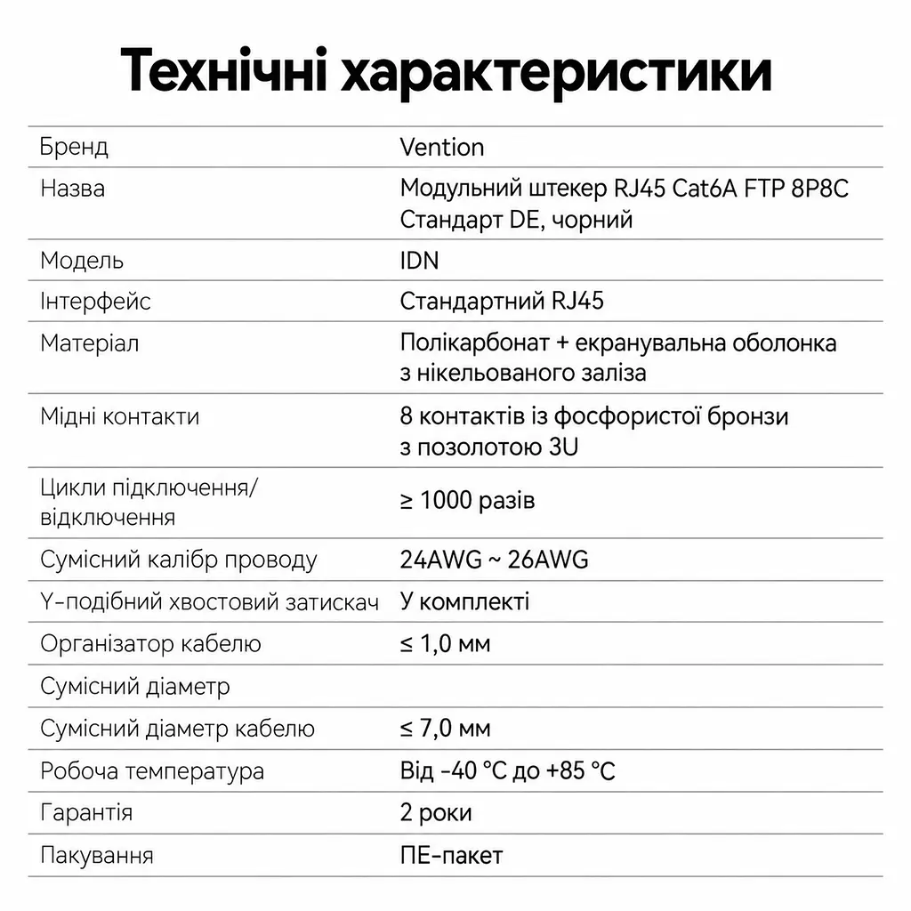 Модульний штекер RJ45 Vention набір із 10 штекерів Ethernet-конектор 8P8C екранований Cat6A FTP швидкість передавання 10 Гбіт/с смуга пропускання 500 МГц для монтажу потрібен обтискний інструмент для жил 24–26 AWG діаметром до 1 мм і кабелю із зовнішнім діаметром до 7 мм з органайзером жил з хвостовим затискачем кабелю із защіпним кожухом позолочені контакти 3U чорний (IDNB0-10) - фото 2