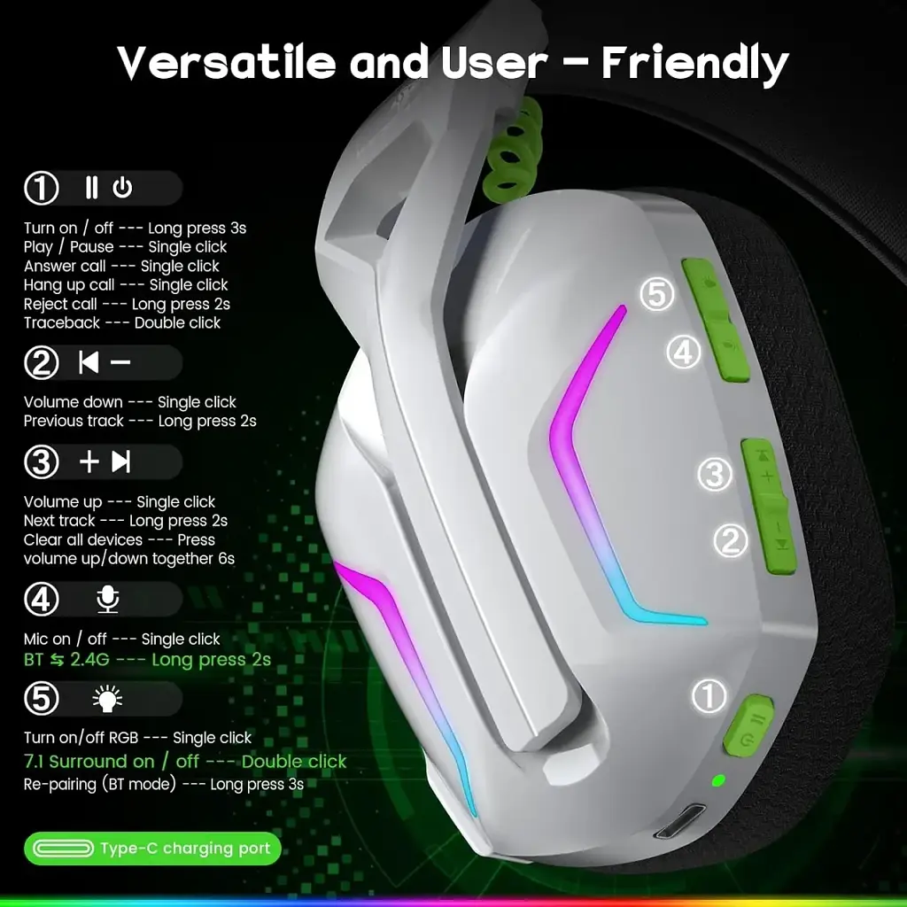 Bluetooth-наушники WESEARY WG1, беспроводная игровая гарнитура 2,4 ГГц с микрофоном для PS5/PS4/PC/Switch/Mac - фото 5
