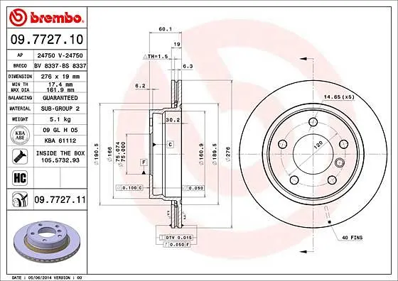 Диск гальмівний задній вентильований Bmw 3 90-07р Brembo (09.7727.11) - фото 2