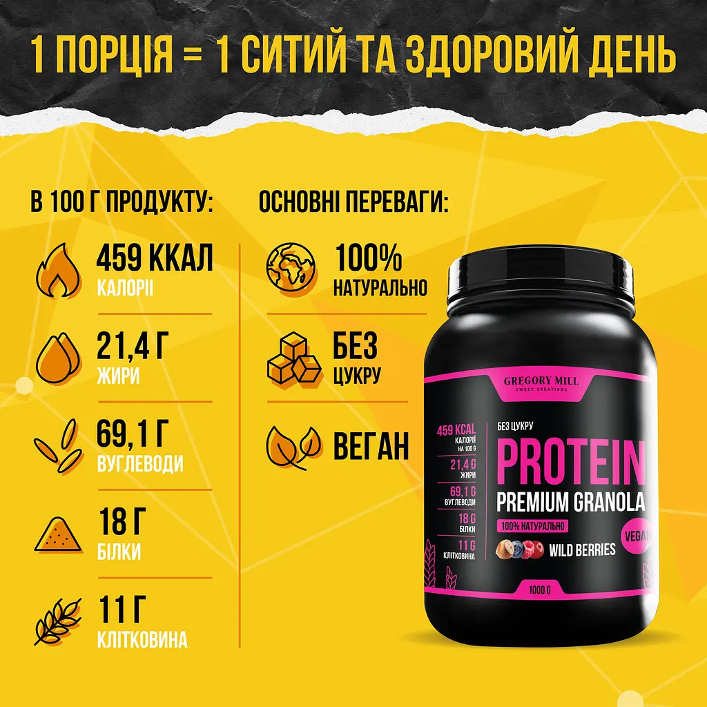 Протеїнова гранола Лісові Ягоди Gregory Mill Wild Berries Protein Premium Granola Gregory Mill 1000 г - фото 7