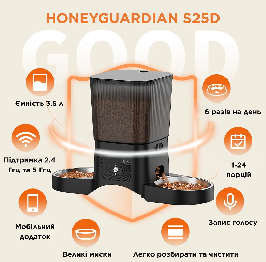Автоматична годівниця для котів HoneyGuardian S25D 3,5 л Wi-Fi з двома мисками, Чорний - фото 3