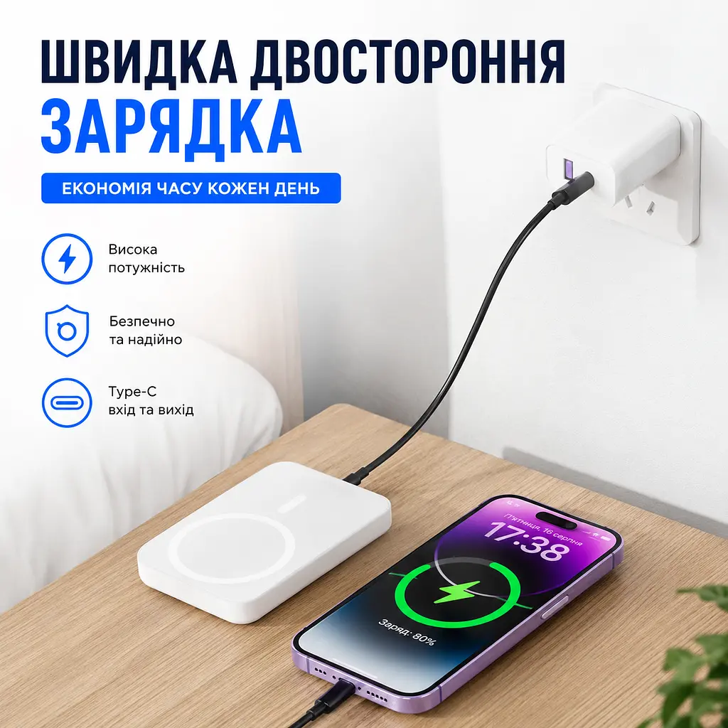 Магнітний повербанк MagSafe 5000 мА·год — ультратонкий, з двосторонньою зарядкою. Білий - фото 11