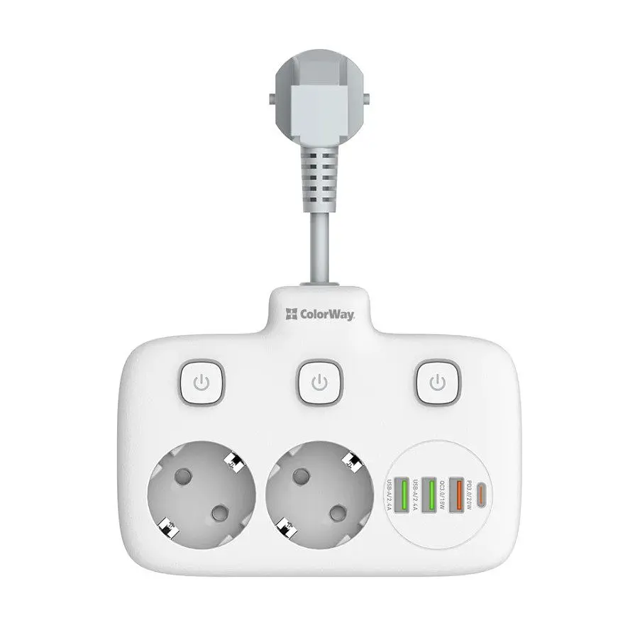 Мережевий фільтр-адаптер ColorWay CHE-24-PDW 20W, 2x220V, 3xUSB-A, 1xUSB-C - фото 3