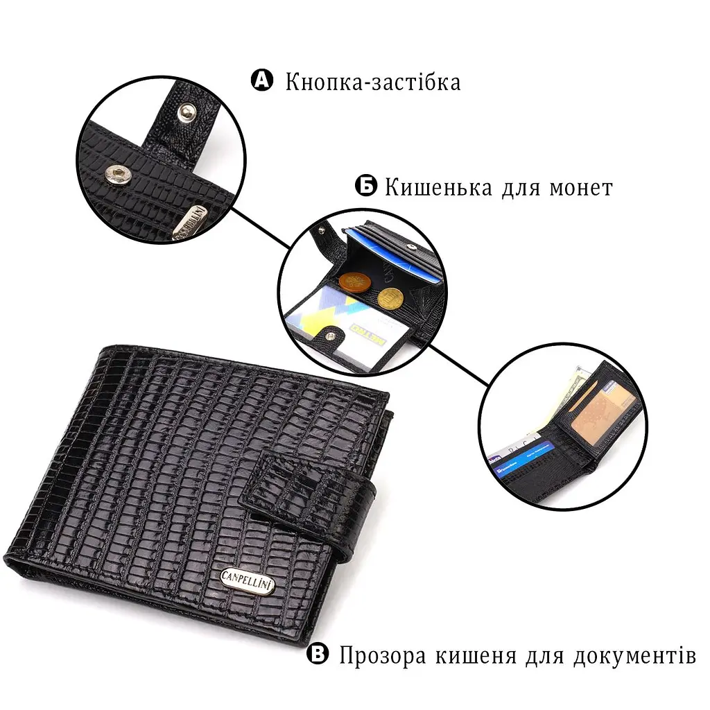 Невеликий фактурний чоловічий гаманець із натуральної шкіри з тисненням Canpellini 21748 чорний - фото 6